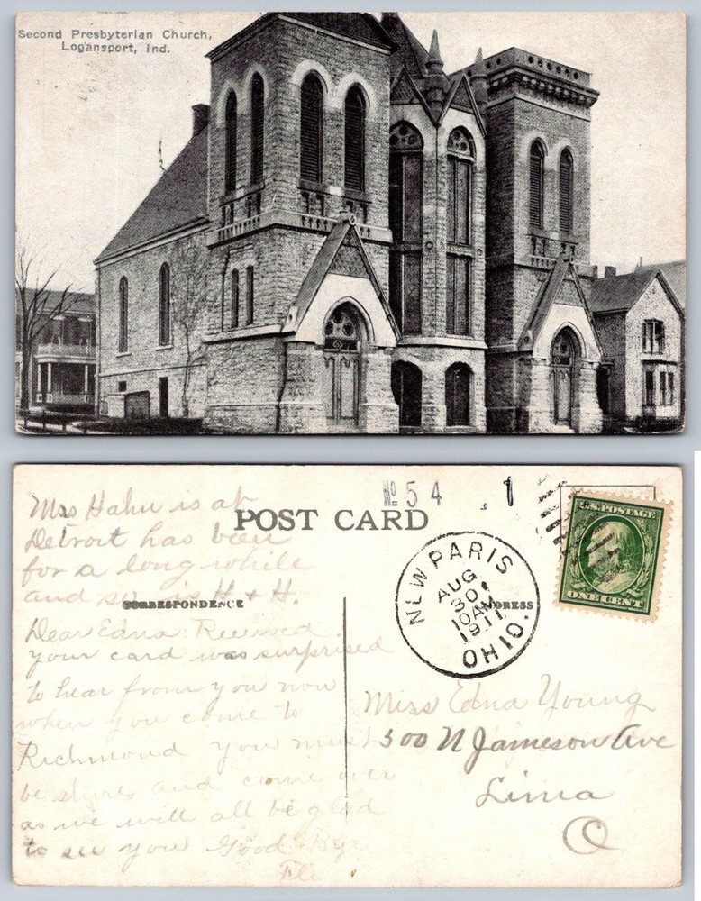 1911 Logansport, Indiana Second Presbyterian Church Postcard, Posted