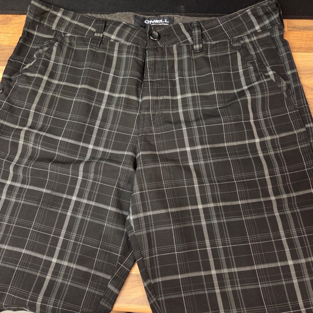 O'Neill Men's Size 34 Plaid Shorts Black Gray Flat Front Surf Skate Chino