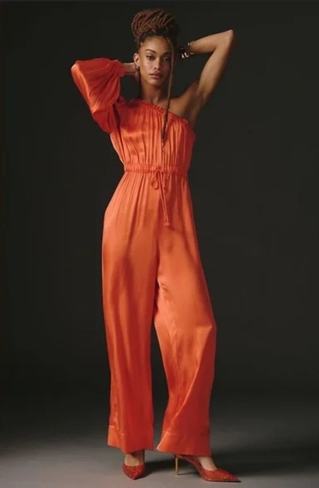Womens Farm Rio Anthropologie Orange Satin One Shoulder Jumpsuit Sz M