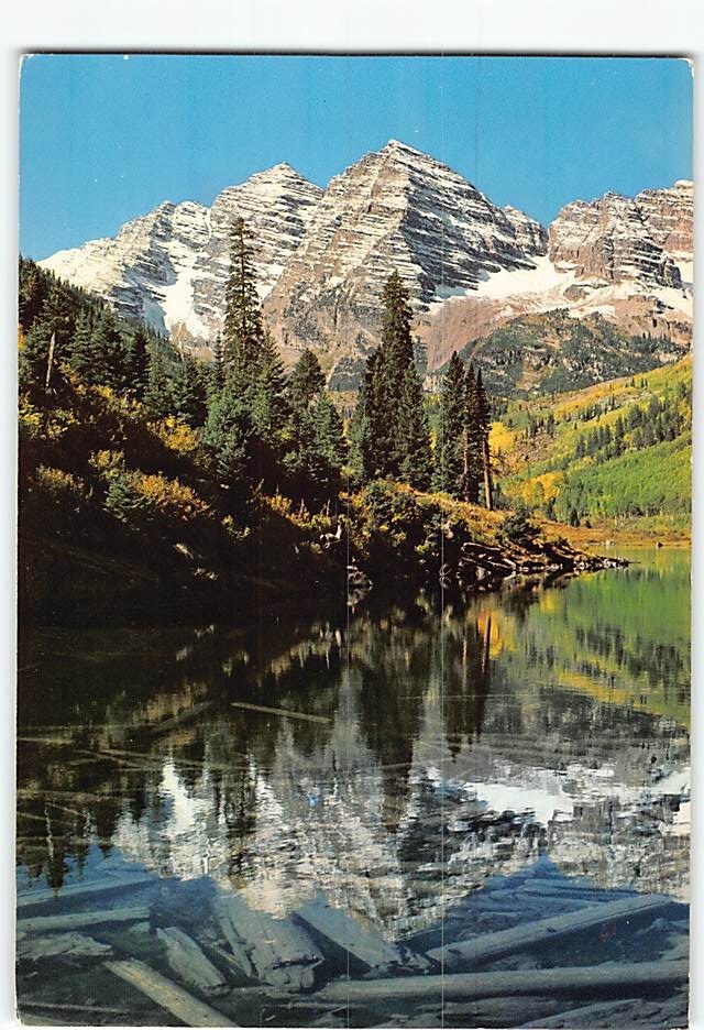 Postcard Maroon Bell peaks and Maroon lake White River National Forest CO USA