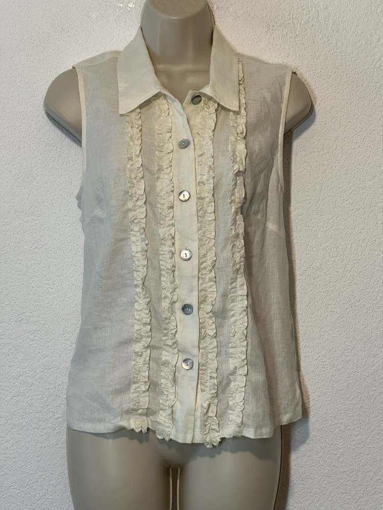 Rialto Collection by Joy Perreras Linen Top Shirt Ruffle Sz M Ivory Victorian