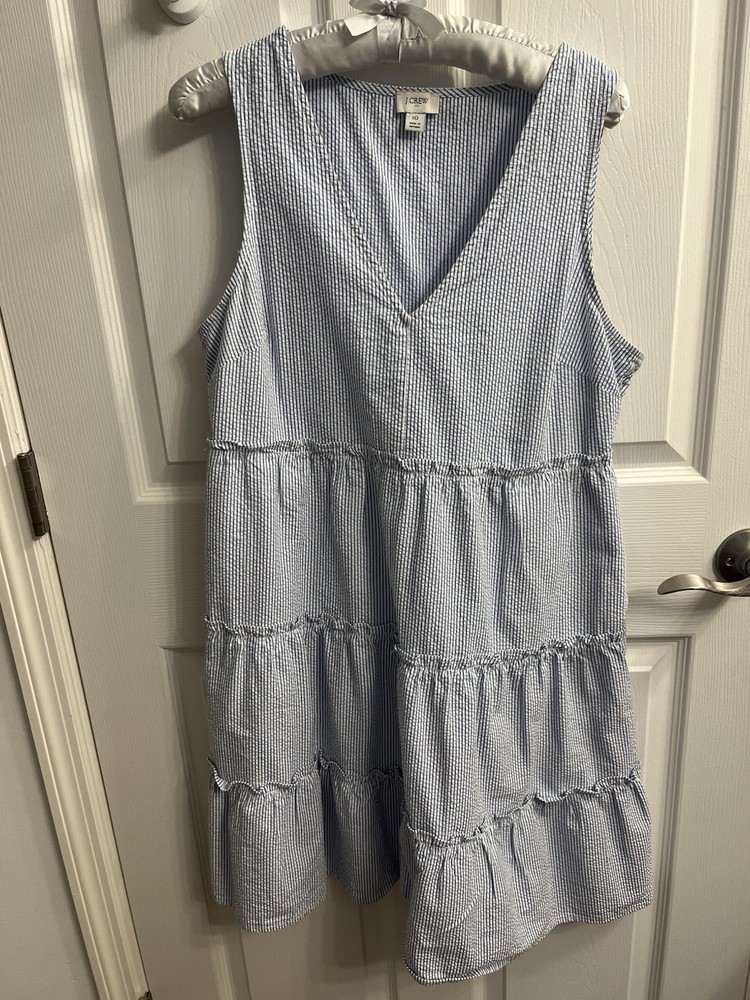 J.Crew Tiered Seersucker Dress Womens 10 Blue White Stripe Sleeveless v neck