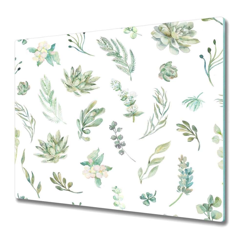 Glass Chopping Board Utensil Watercolour green leaves leaf hand painted 60x52