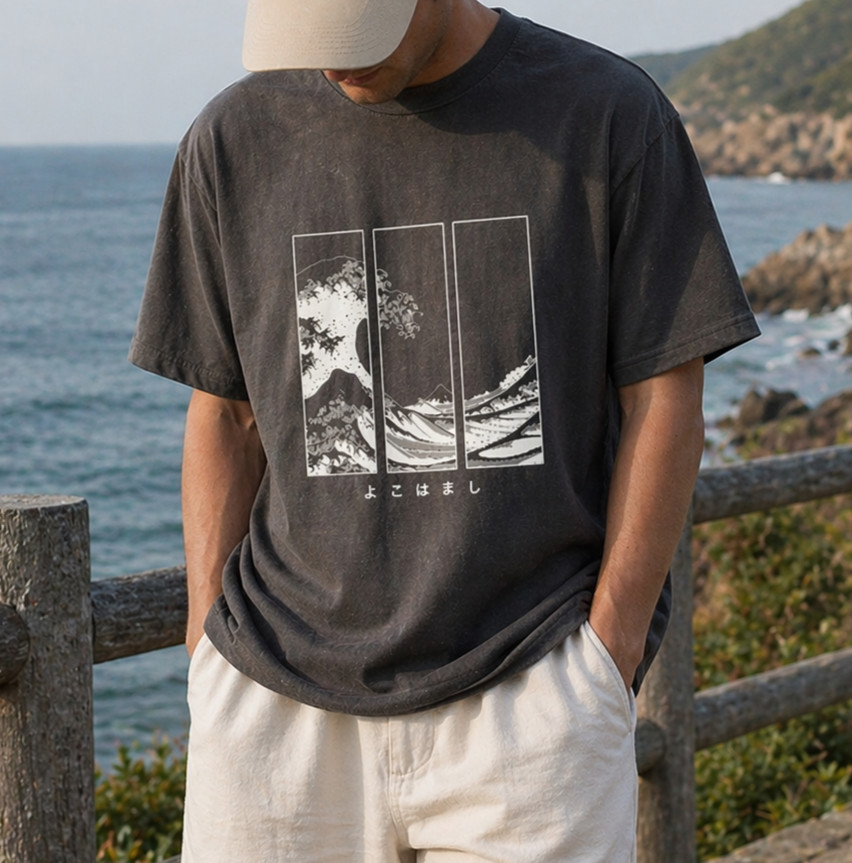 Men’s Oversized Japanese Wave Graphic T Shirt Vintage Casual Summer Tee