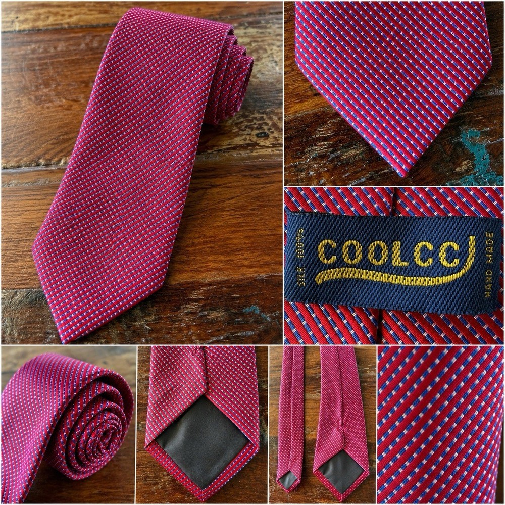 CoolCC Red White Blue Silk Tie Micro Geometric Woven Men’s Hand Made Neck Tie