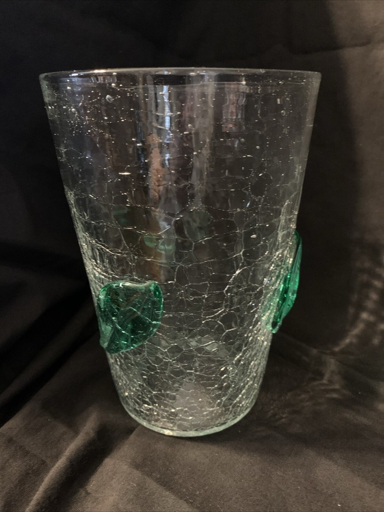 Vintage 7” Tall Blenko Crackle Glass Clear Vase w/ Applied Green Leaves MCM