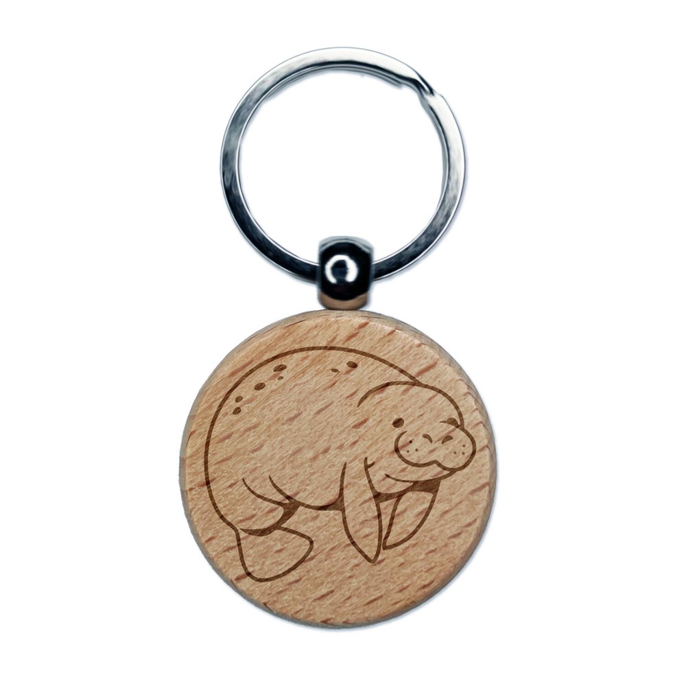 Cute Chubby Manatee Engraved Wood Round Keychain Tag Charm