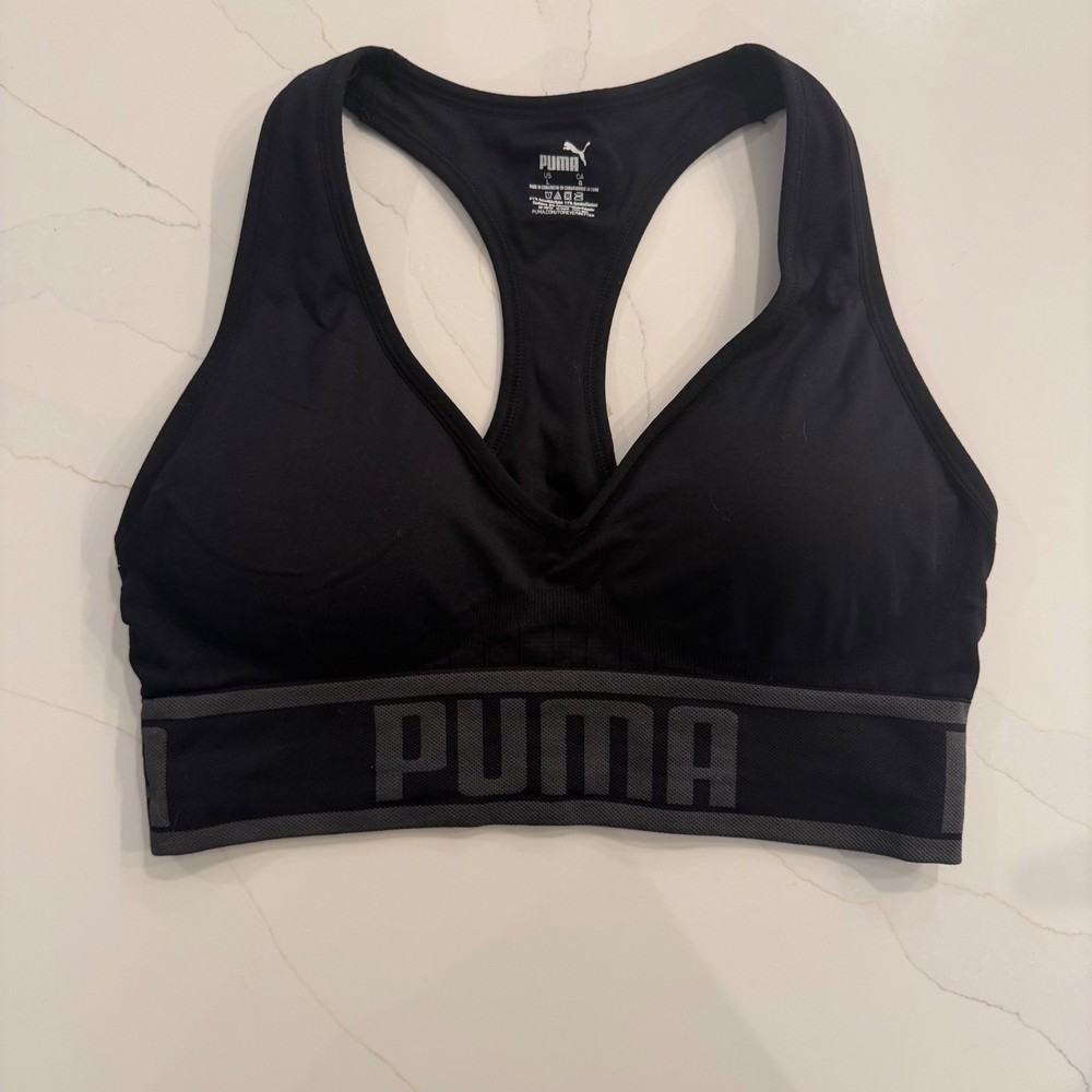 Puma Women's Black Racerback Sports Bra Athletic Support Size L Removable Pads