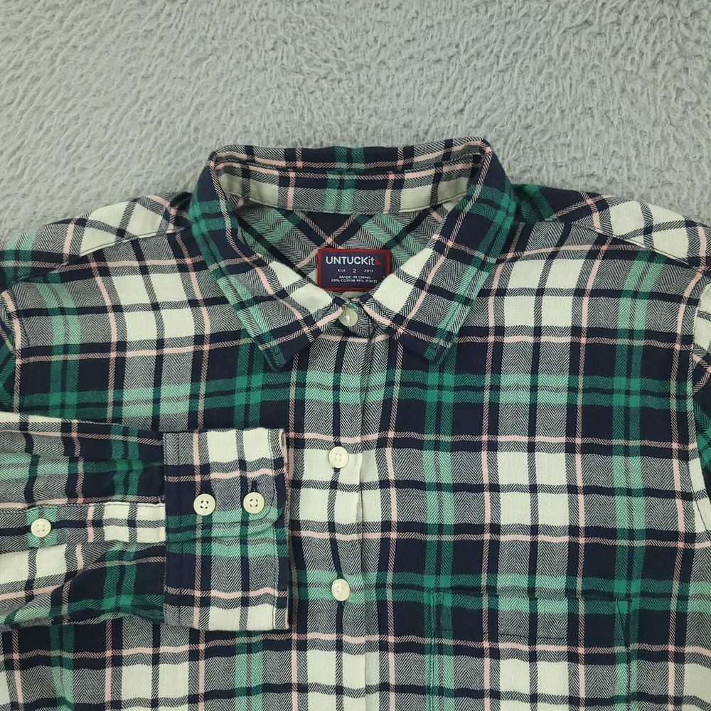 UNTUCKit Shirt Womens 2 Blue Green Plaid Flannel Long Sleeve Button Up Casual