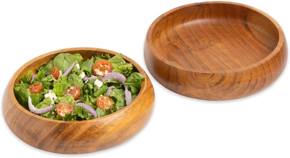 Set of 2 Large Acacia Wood Salad Bowls, 8x2 Inches, Durable Natural Wooden Bowls for Individual Servings-image