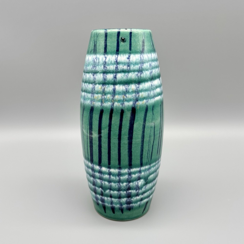 Scheurich Keramik Aqua Blue Striped West German Pottery Vase 522-18 MCM Vintage