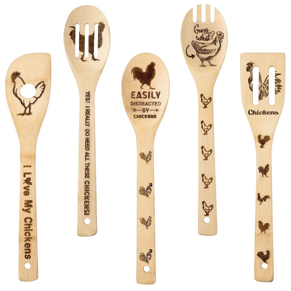 5Pcs Rooster Wooden Cooking Spoons Utensils Set, Carved Chicken Wood Gadget N...