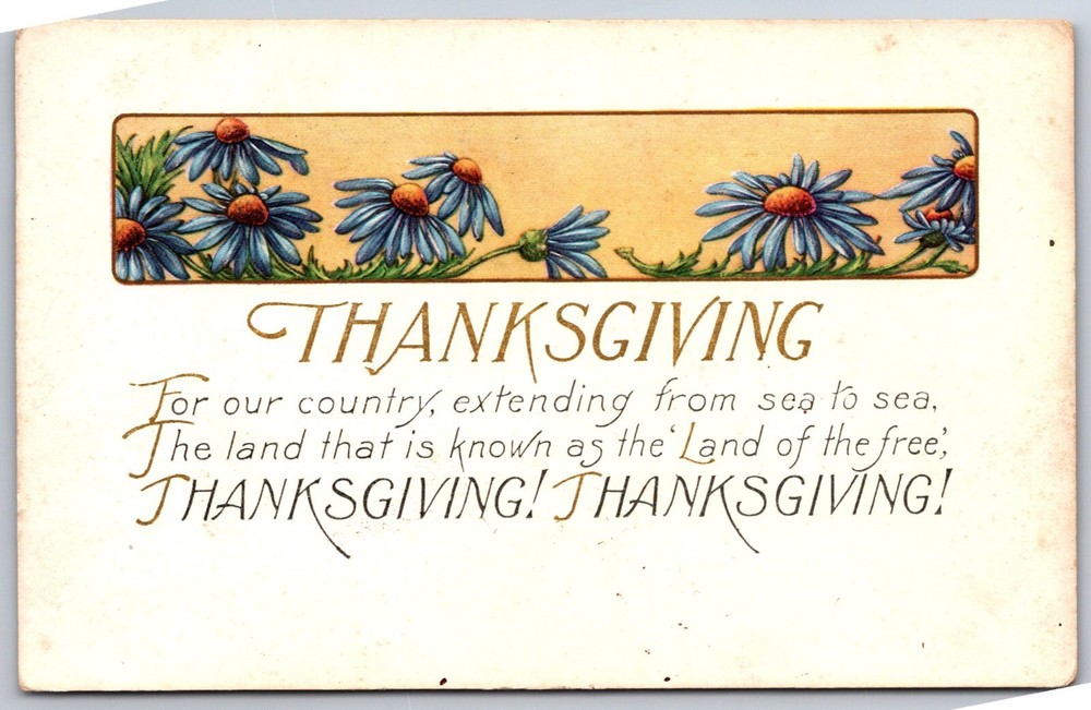 Holiday~Blue Flowers Thanksgiving Rhyming Greeting~Vintage Postcard