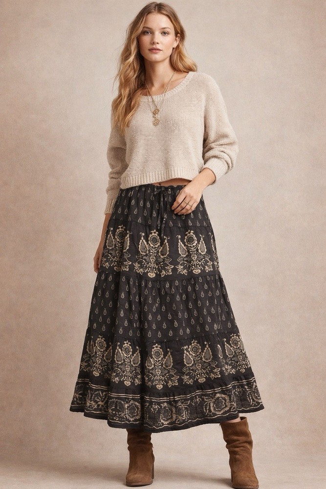 Lauren Ralph Lauren Boho Tiered Cotton Skirt XL Paisley Folk Drawstring