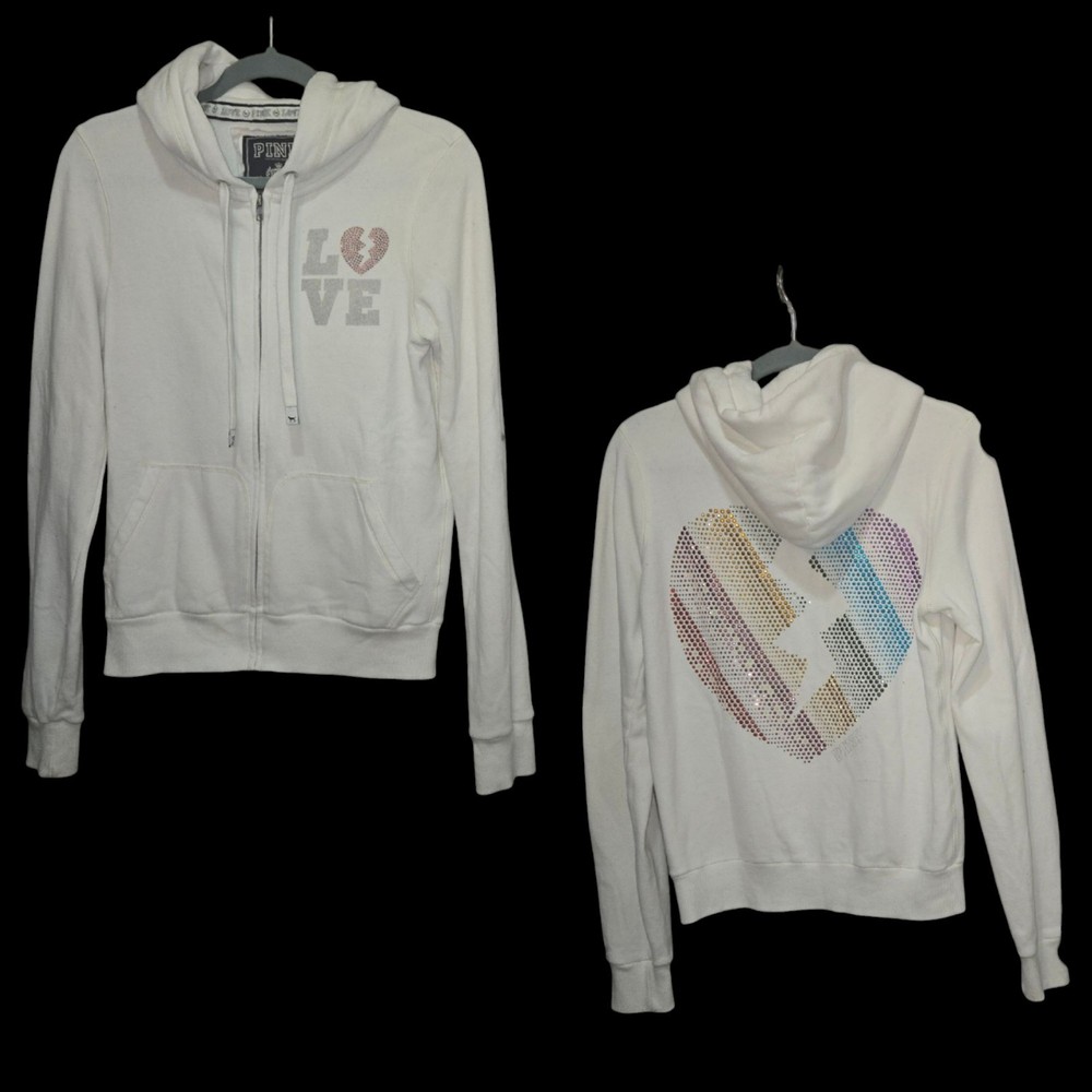 VINTAGE Victoria's Secret PINK Hoodie White Broken Heart Full Zip Rhinestone M