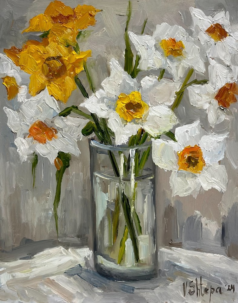 Blooming Flowers Daffodils Painting Original Oil Impressionism Signed Art 8x10in
