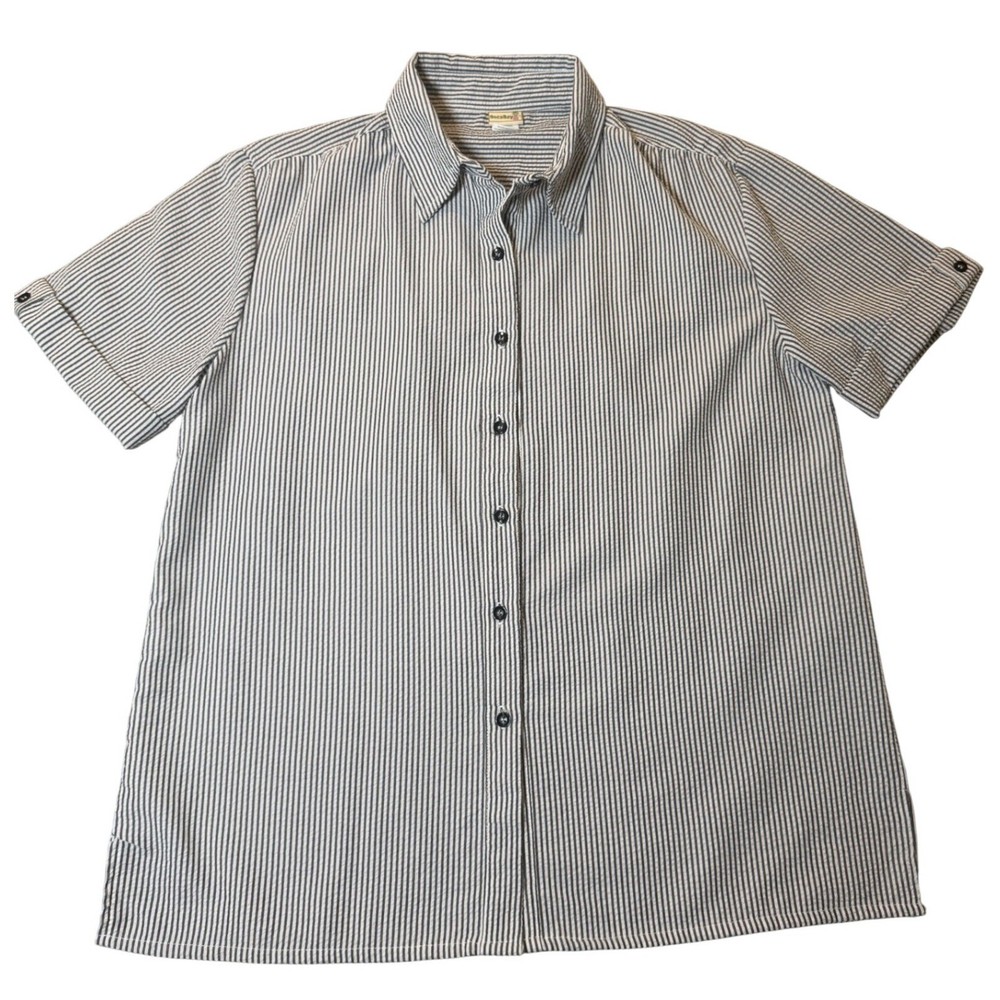 Boca Bay Womens Seersucker Striped Short Sleeve Button Down Shirt Blue White L