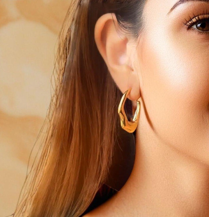 Irregular Hoop Earrings 28mm, Gold Studs, Fashion Womens Jewellery, Elegant Gift