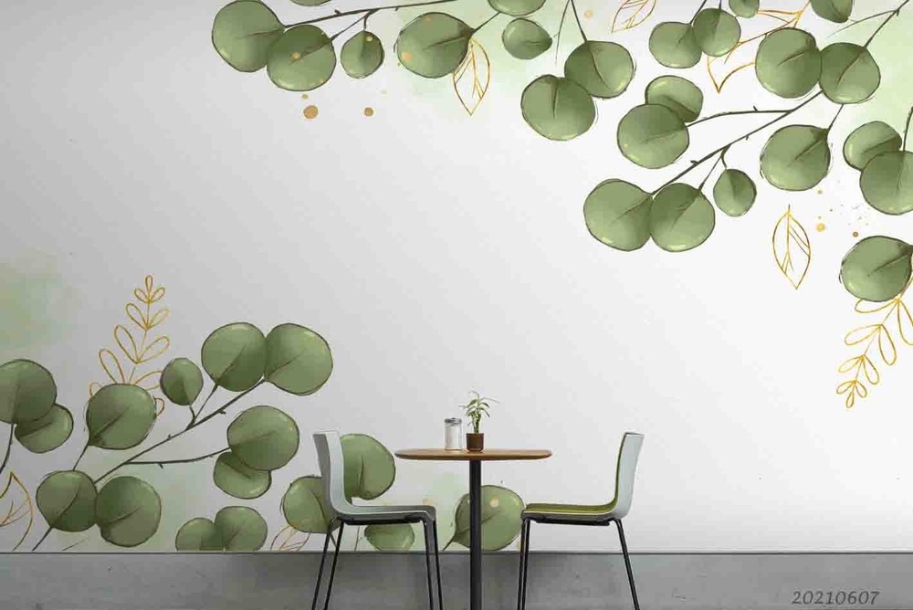 3D Green Gold Plant Leaf Watercolor Wall Murals Wallpaper Murals Wall Sticker 2