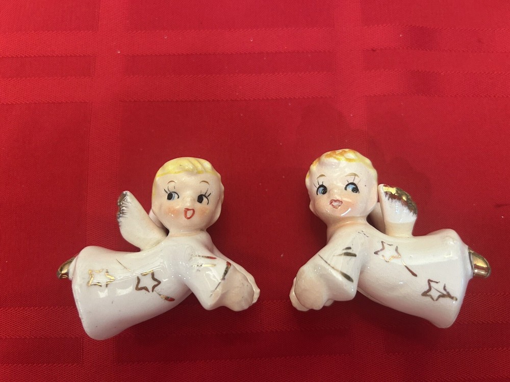 Vintage Christmas Valentine Candle Hugger Angel Figurines with Gold Accent Made in Japan-image