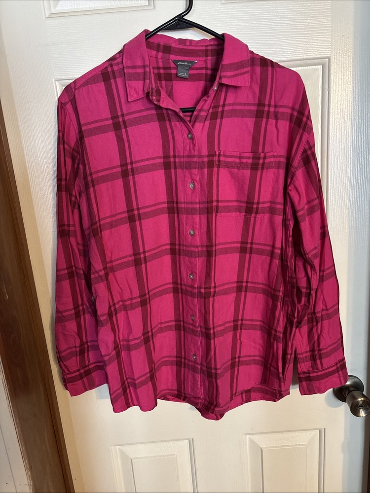 Eddie Bauer Shirt Womens Small Pink Plaid Flannel Button Down Long Sleeve Winter