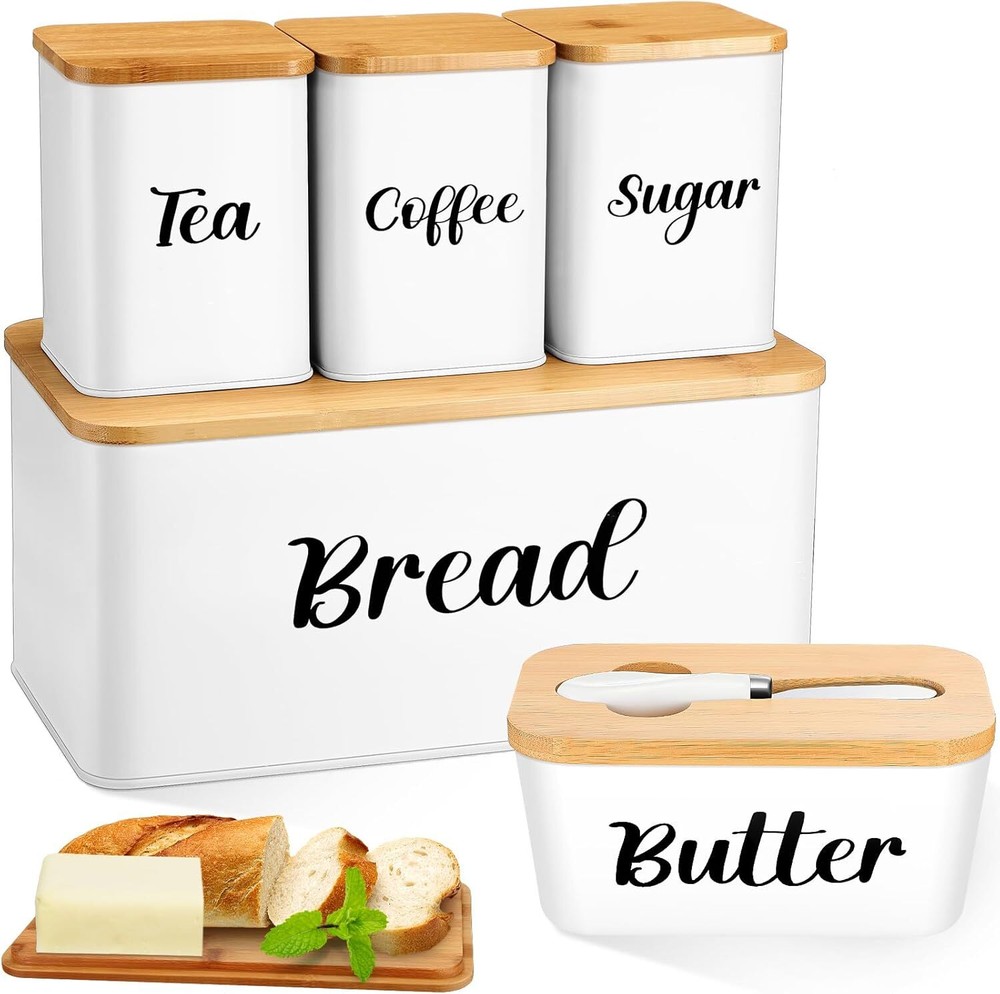 Metal Bread Box and Ceramic Butter Dish with 3 Airtight Kitchen Canisters F...