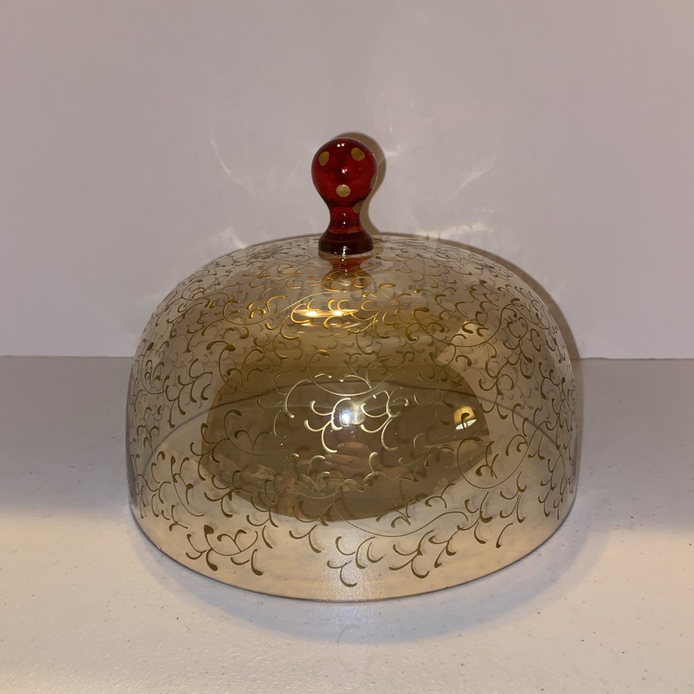 Pier 1 Rioja Glass Red Handke Gold Scrolls Cheese Dome