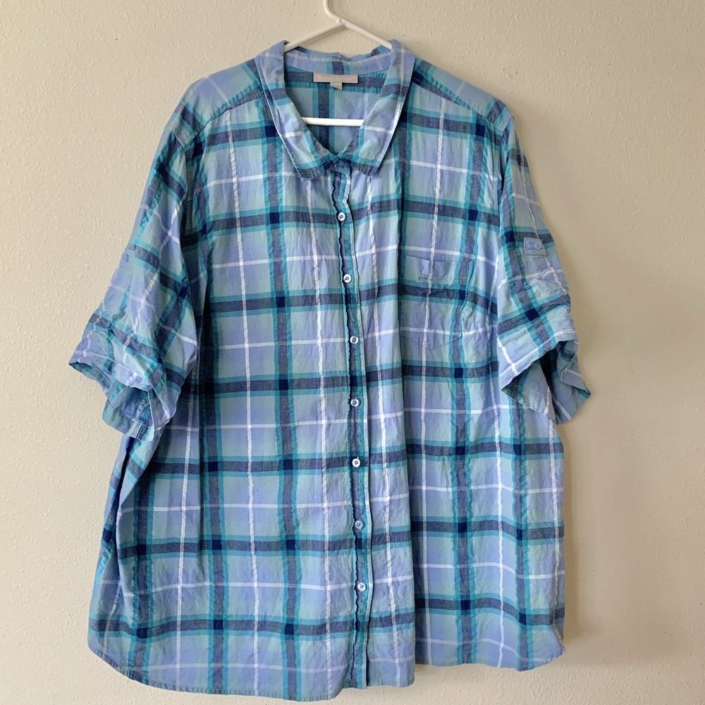 Woman Within Women’s Button Up Roll Tab Sleeve Blue Plaid Top 4X Cotton Blouse