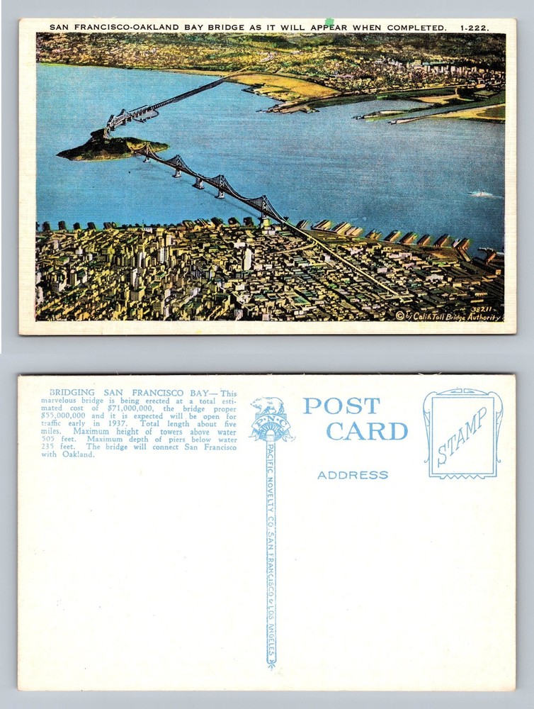 San Francisco, CA-California, Bay Bridge Aerial View Vintage c1937 Postcard