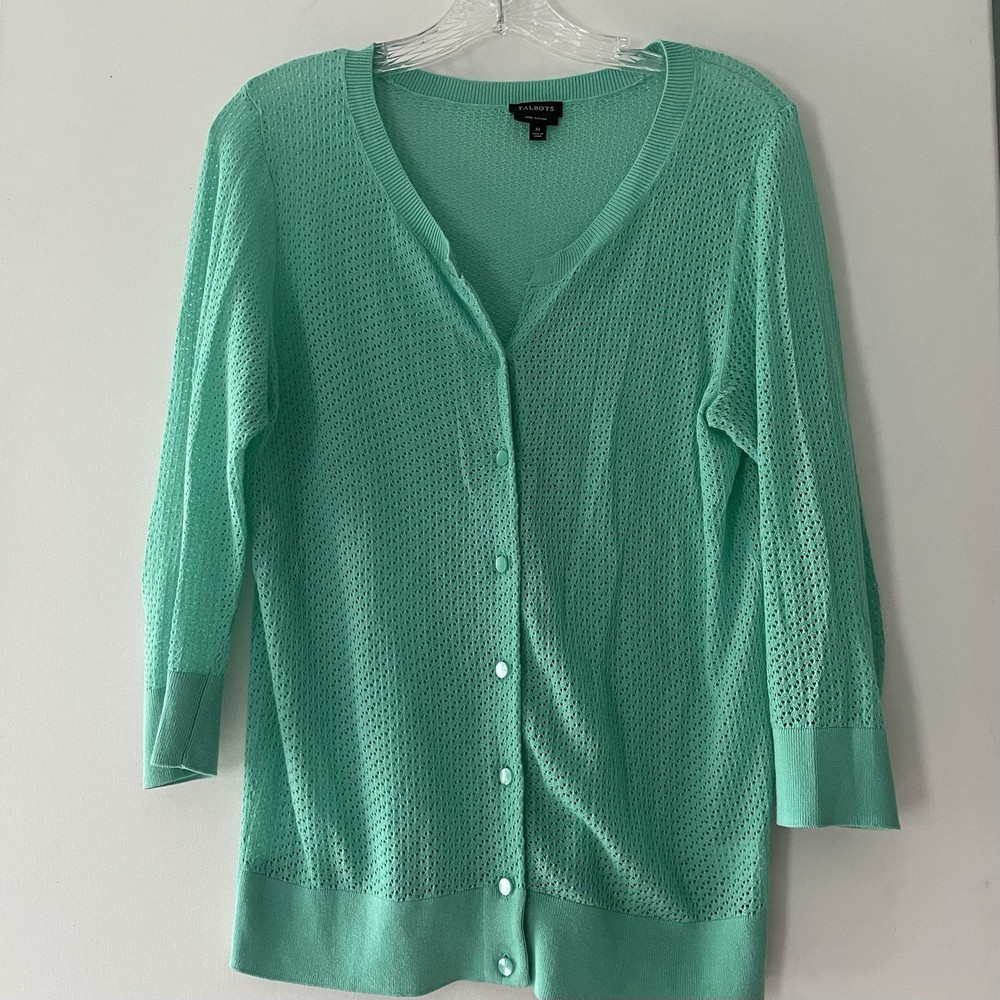 Talbots Pima Cotton Women Size Medium Open Lightweight Crochet Knit Cardigan Top