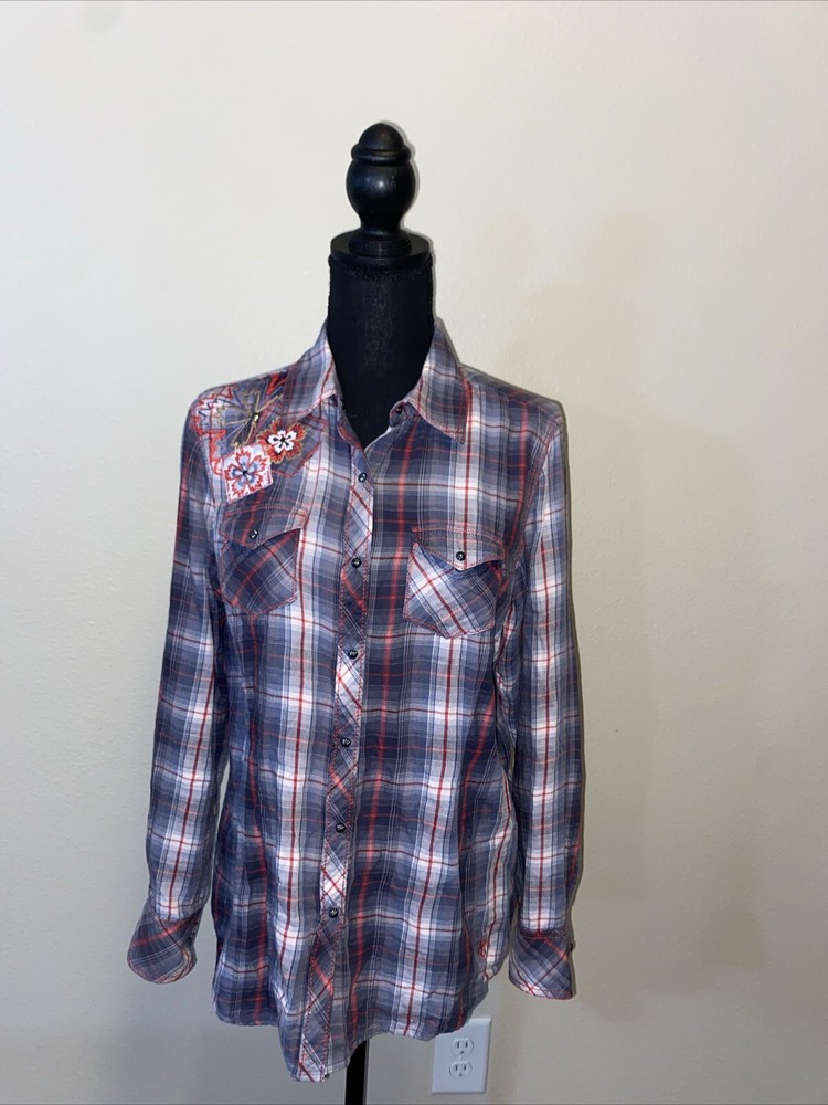Ariat Womens Medium Fitted Blue Plaid Button Up Shirt with Metal Snaps and Embroidered Details