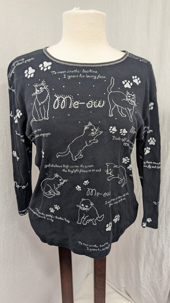 Vintage Witchy Rhinestone Cat Grunge 90s  3/4 Sleeve Top M/L Whimsigoth Y2k