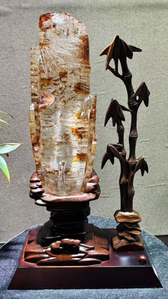 10.45LB Top Natural Citrine Quartz Crystal Bamboo Carved Mineral Reiki Decor+st
