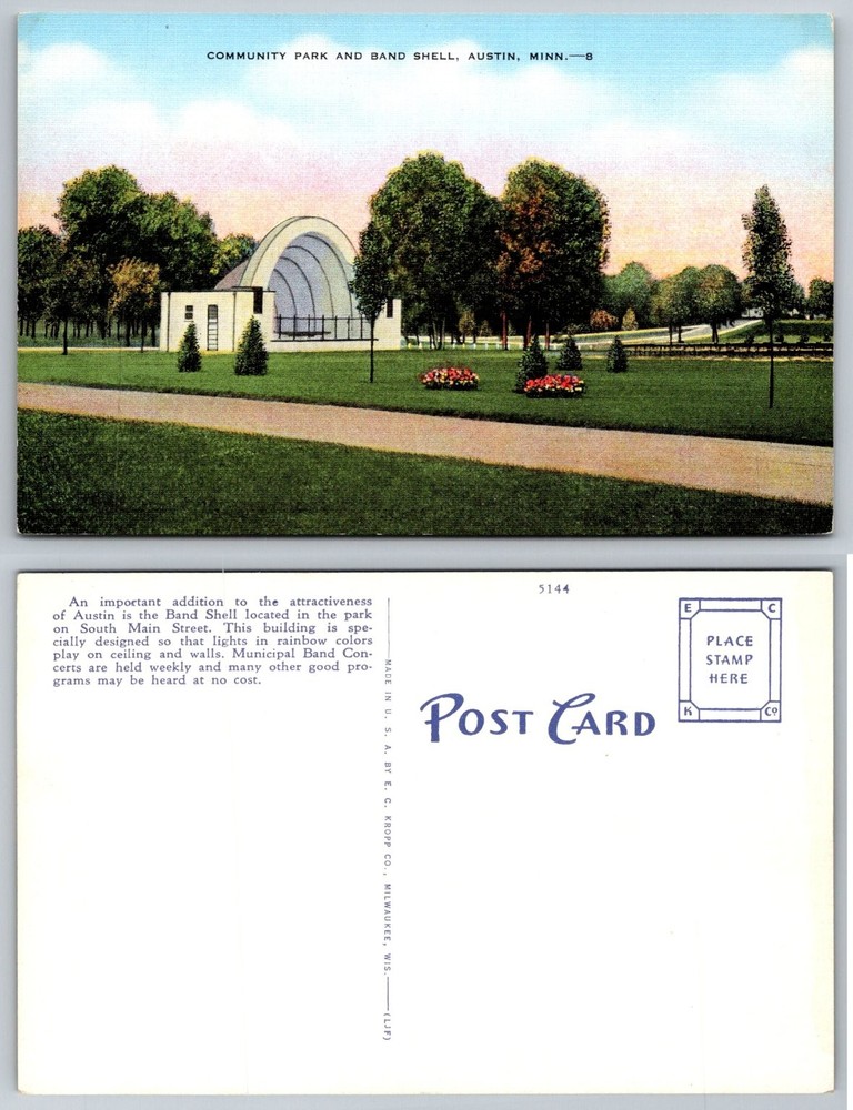 Vintage Austin MN Community Park Band Shell Postcard C. T. Art-Colortone Linen