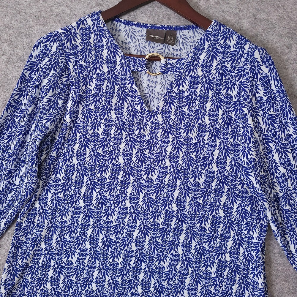 Chico's Travelers Pineapple Passion Slinky Stretch Top Size 1 Blue 3/4 Sleeve