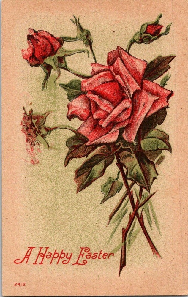 Vintage Antique Easter Postcard Red Roses Floral Greeting Divided Back 1910s