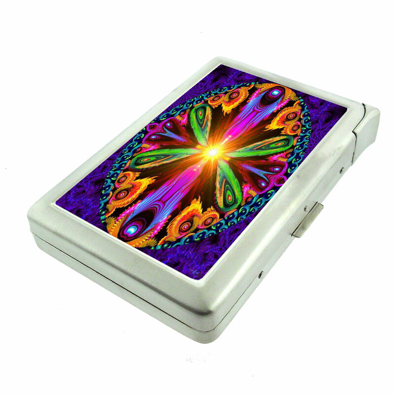 Chakra Design Metal Cigarette Case with Built-in Lighter and Wallet Functionality