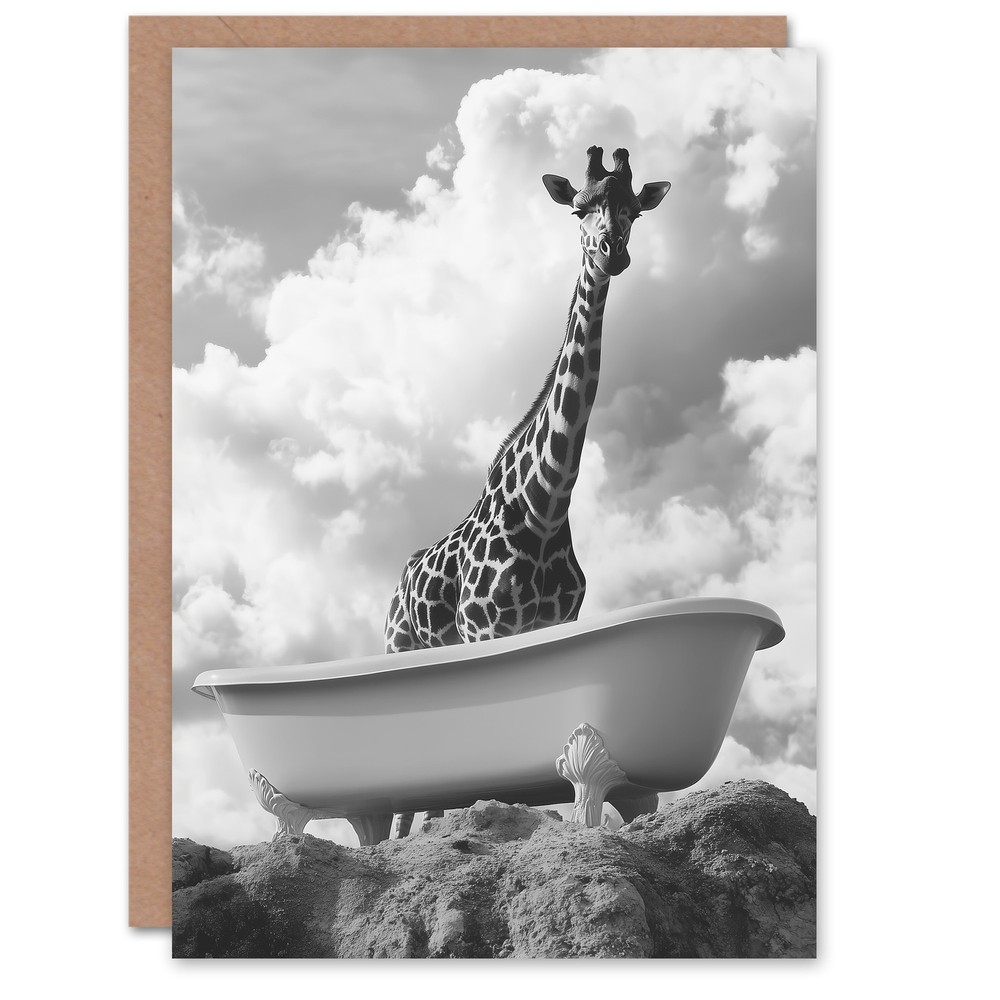 Giraffe in Bathtub on a Hill Black White Surreal Birthday Greeting Card
