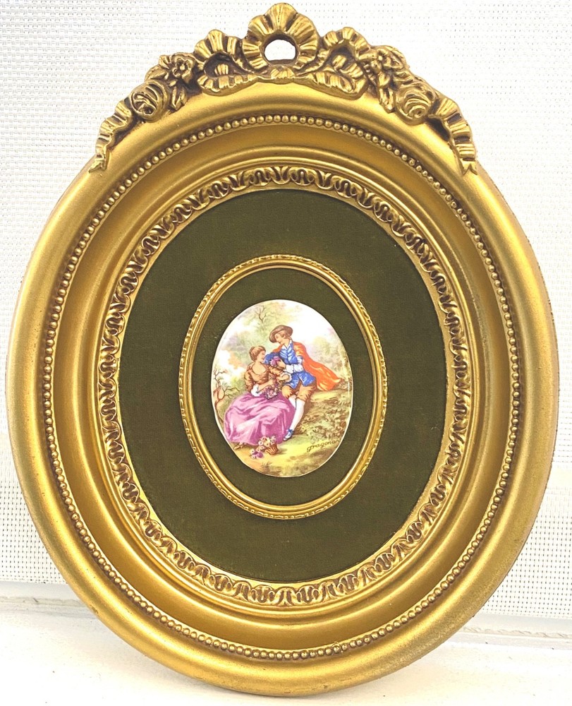 Vintage Victorian B & S Creations Gold Oval Framed Porcelain Cameo Green Velvet