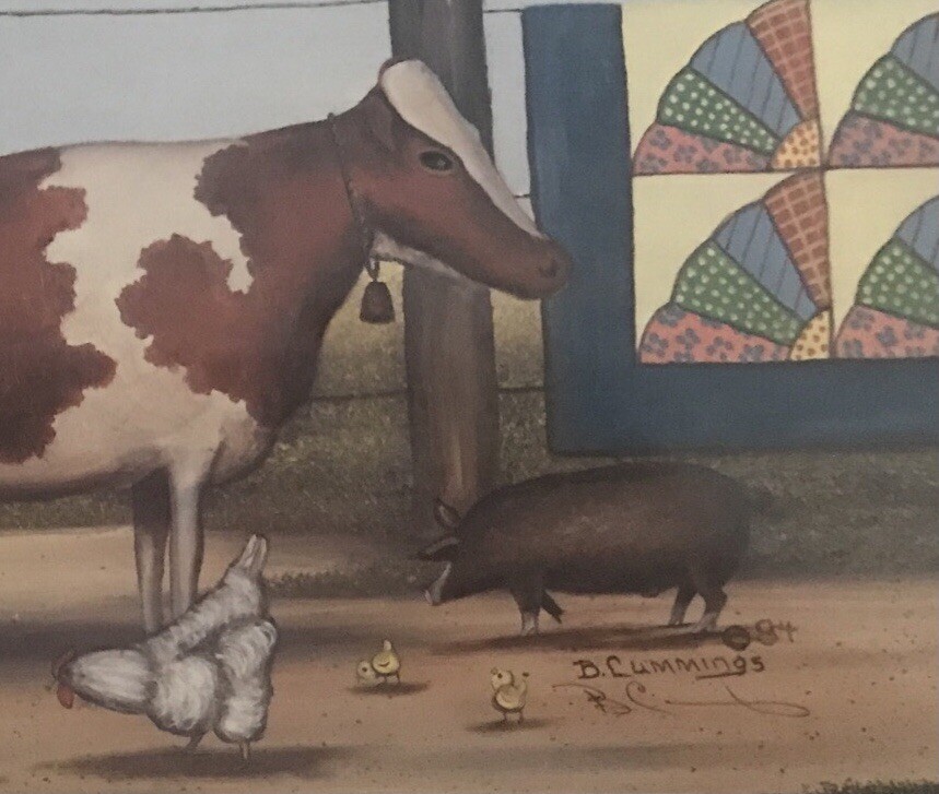 Beth Cummings Signed & Framed Barnyard Friends II Print Folk Art Country 1984