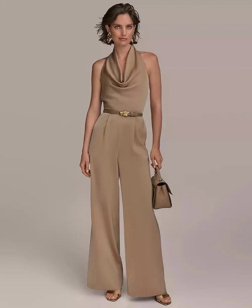 Donna Karan Women's Cowl-Neck Satin Jumpsuit 16 Khaki Tan NWT