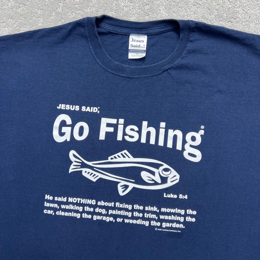 VINTAGE 1995 Jesus Said Go Fishing T-Shirt Mens 2XL Navy Blue Christian Humor