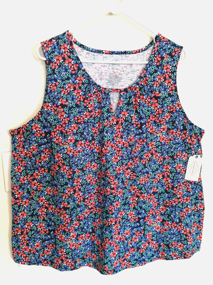 St Johns Bay Womens Tank Top 1X Plus Floral Blue Pink Ditsy Blouse Sleeveless