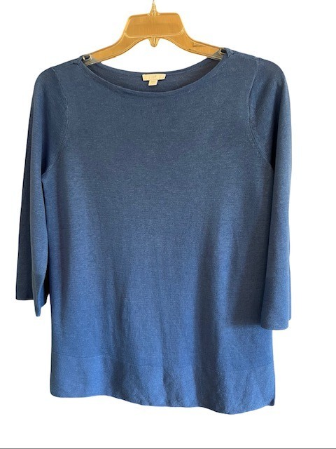 J. Jill Top S Blue Linen Blend Knit Sweater 3/4 Sleeve Boat Neck Relaxed Slits