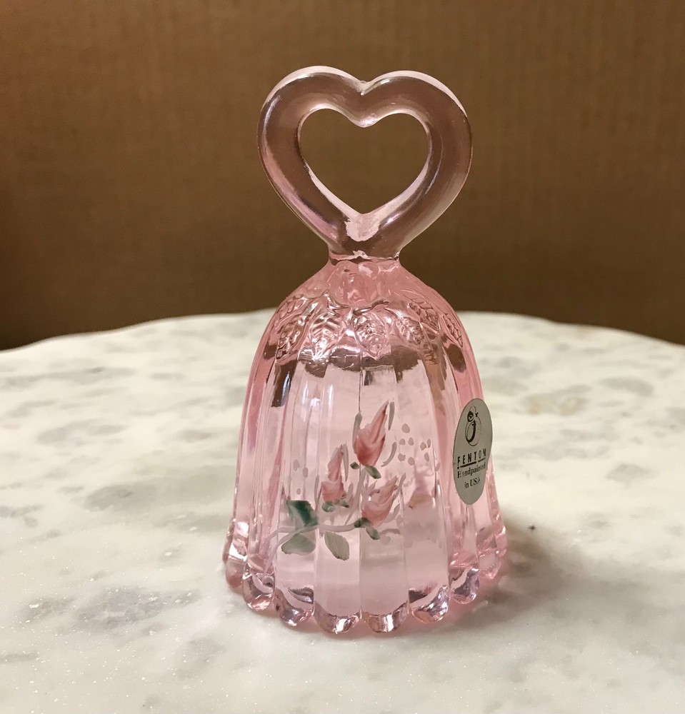Fenton Heart Handle Bell, PINK Hand painted, Scalloped Bottom, Roses, Signed