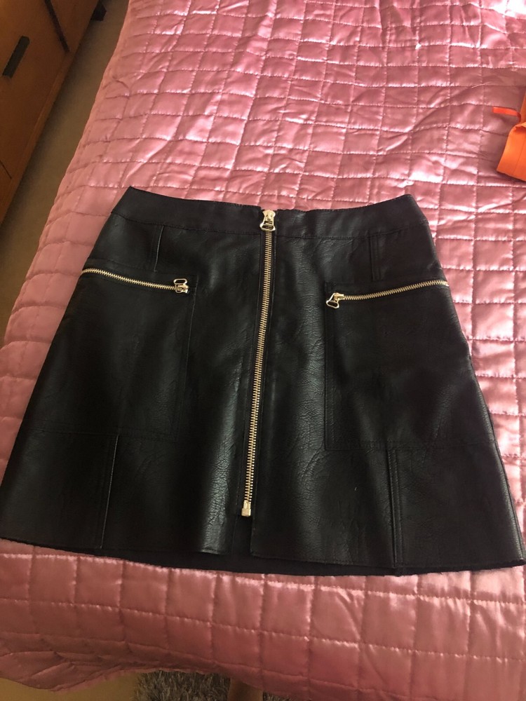 River Island black faux leather zip up A-line skirt size 12