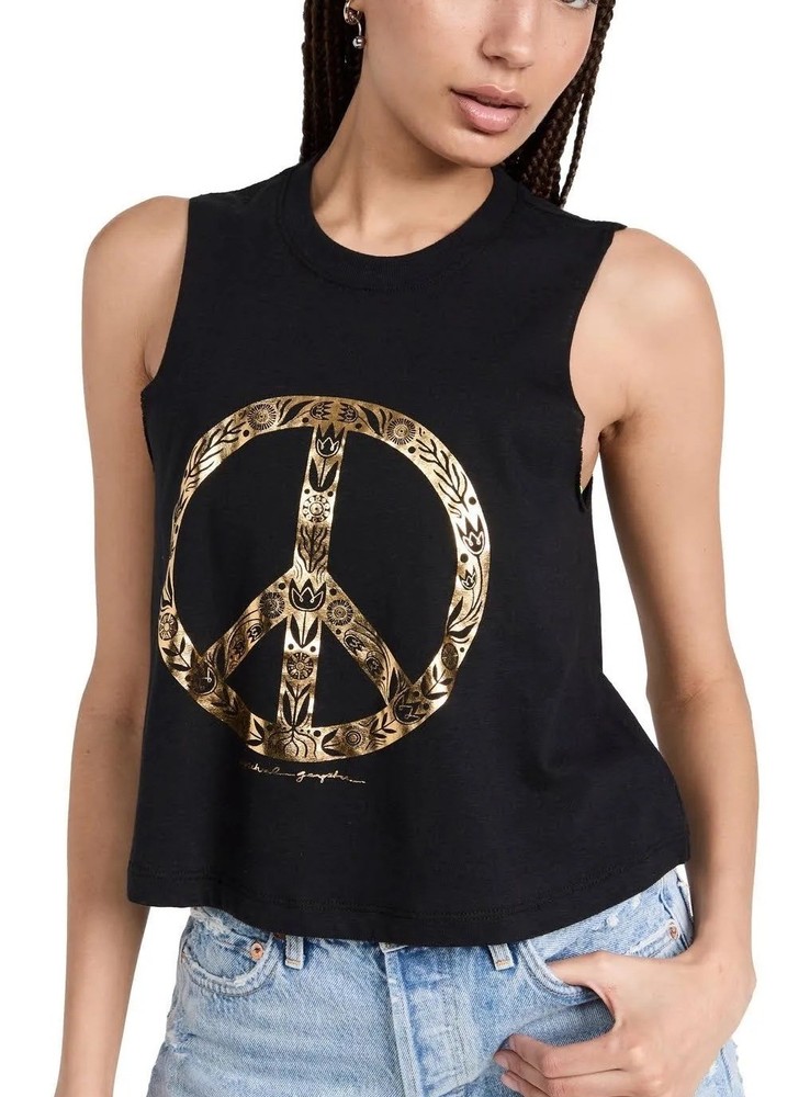 SPIRITUAL GANGSTER Peace Crop Muscle Tank Top Sz L Black Gold Graphic Cotton Ble
