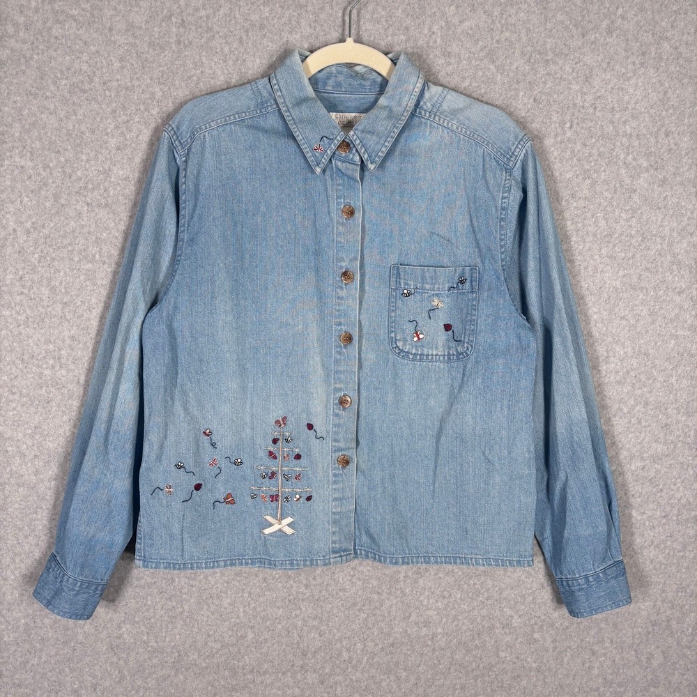 Christopher Banks Shirt Medium Stitch Butterfly Bees Ladybug Denim Jean Granny