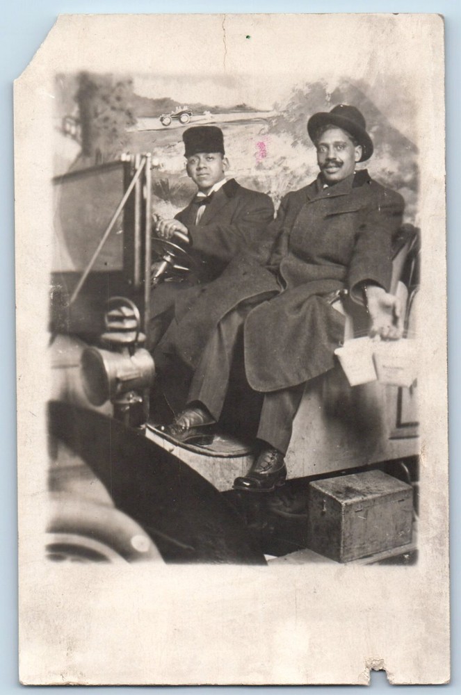 c1910's Black Americana Two Men Driving Car Studio Portrait RPPC Photo Postcard