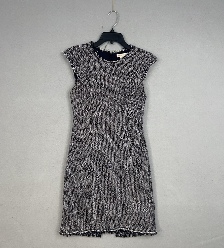 Rebecca Taylor Dress Womens 6 Navy White Tweed Sheath Fringe Boucle Back Zip